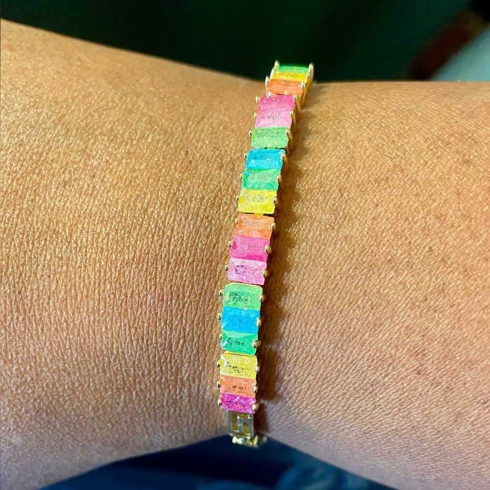 Gold Plated Multicolor Square Gemstone Bracelet w/Greek Design Band. Size 7.5